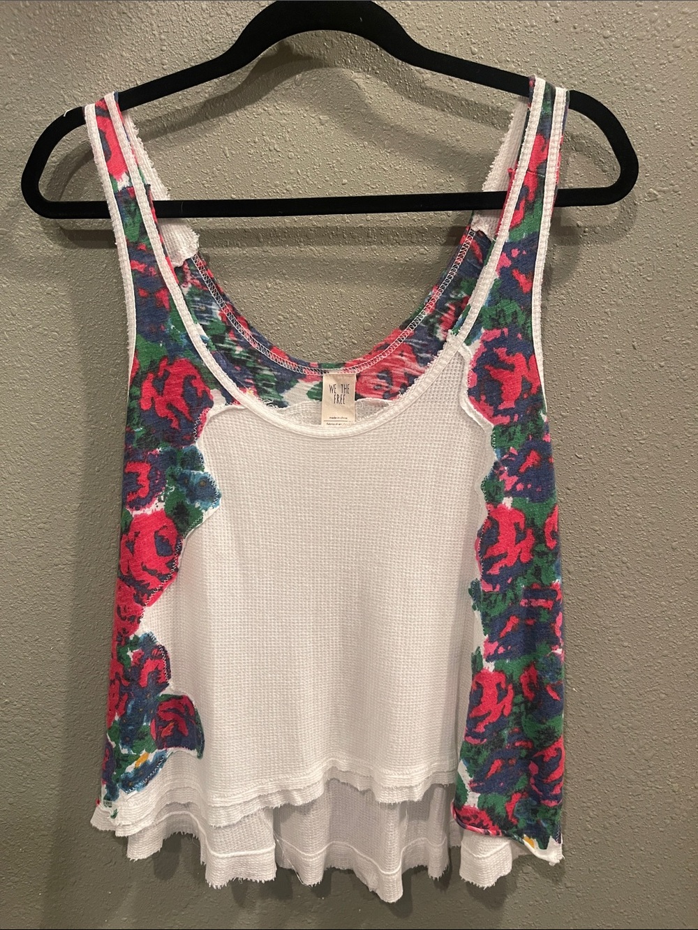 Free People White Waffle Tank with Red, Blue, Pink & Green Floral Side Panels